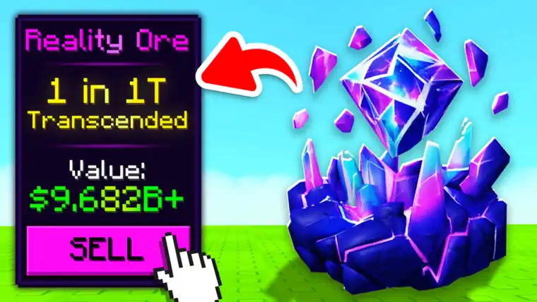Sell Ores roll card for the Reality Ore: 1 in 1T, Transcended, value $9.682B+, with a Sell button