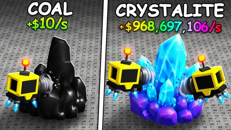 A black Coal ore earning $10 per second beside a blue Crystalite ore earning $968 million per second, each with a yellow drill drone
